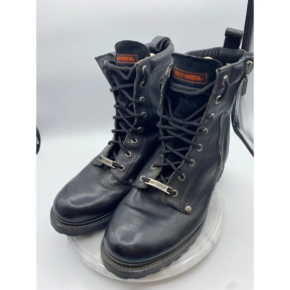 Harley Davidson Mens 13 Motorcycle Boots Black Leather Side Zip Lug Sole 91028